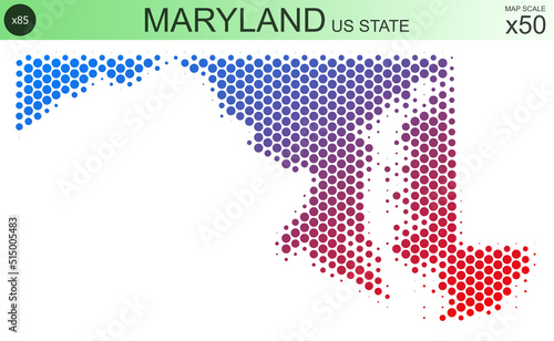 Dotted map of the state of Maryland in the USA, from circles, on a scale of 50x50 elements. With smooth edges and a smooth gradient from one color to another on a white background. photo