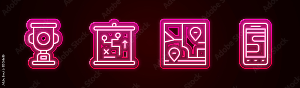 Set line Award cup, Planning strategy concept, Folded map with location and Chat messages phone. Glowing neon icon. Vector Set line Award cup, Planning strategy concept, Folded map with location and Chat messages phone. Glowing neon icon. Vector