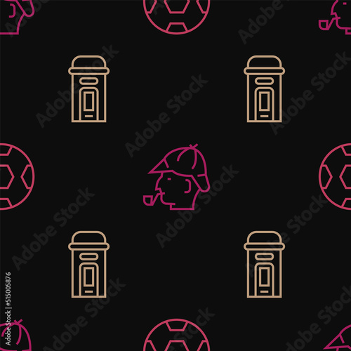 Set line Football ball, London phone booth and Sherlock Holmes on seamless pattern. Vector