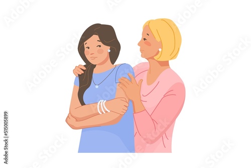Breakup friends. Empathy person comforting best friend, support mom hug sad comforted child, friendly or parent comfort, cartoon vector illustration