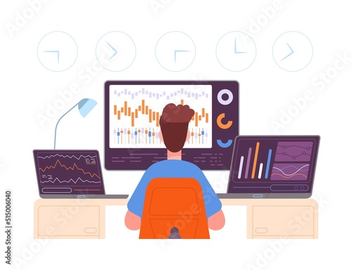 Trader. Professional broker looking screen of finance trading international traders companies, data analysis selling investment exchange currency splendid vector illustration