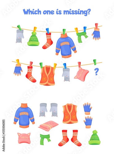 Game find clothes. Maze lost clothing child education iq simple logic games, choose match or pair part cloth on worksheet, activity kid vector illustration