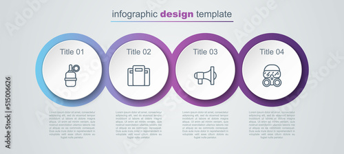 Set line Hand grenade, Police assault shield, Megaphone and Gas mask. Business infographic template. Vector