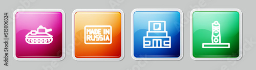 Set line Military tank, Made in Russia, Mausoleum of Lenin and Slavic pagan idol. Colorful square button. Vector
