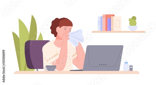 Employee sick flu. Coughing worker at laptop office workplace, tired coughing woman symptoms allergy or fever, unwell cold lady job