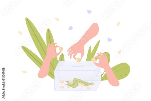 Hands contributing coins. Contributor money donation, fundraising pension financial fund welfare cash in bank box, hand squeez coin, save investment moneybox vector illustration