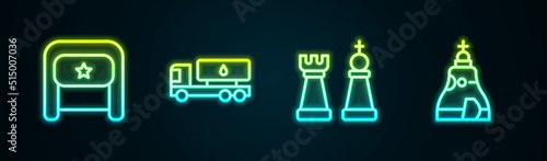 Set line Ushanka, Tanker truck, Chess and The Tsar bell. Glowing neon icon. Vector