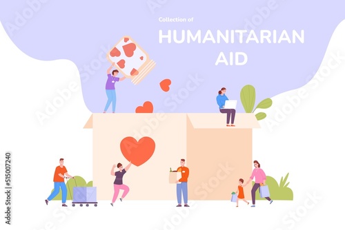 People collect social help. Volunteering community help humanitarean fundraising, working solidarity charity cooperating volunteer giving heart food in alms box vector illustration