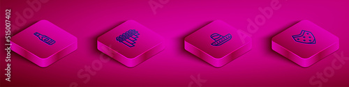 Set Isometric line Tabasco sauce, Pan flute, Mexican sombrero and Poncho icon. Vector