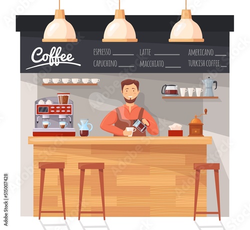 Barista at coffee counter. Owner worker cafe shop pouring latte cup, espresso maker machine high quality, small business bar restaurant hipster lifestyle neat vector illustration