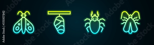 Set line Butterfly, cocoon, Beetle deer and Clothes moth. Glowing neon icon. Vector