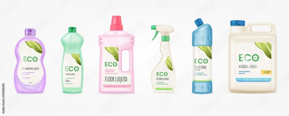 Labels for detergent bottle. Mockup cleaner bottles with label, disinfectants polypropylene package labeling branding washing cleaning chemical eco friendly products 3d tidy vector Labels for detergent bottle. Mockup cleaner bottles with label, disinfectants polypropylene package labeling branding washing cleaning chemical eco friendly products 3d tidy vector