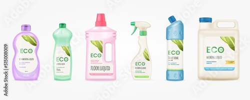 Labels for detergent bottle. Mockup cleaner bottles with label  disinfectants polypropylene package labeling branding washing cleaning chemical eco friendly products 3d tidy vector