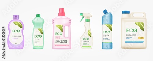 Labels for detergent bottle. Mockup cleaner bottles with label, disinfectants polypropylene package labeling branding washing cleaning chemical eco friendly products 3d tidy vector