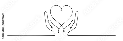 Continuous one line drawing hand holding heart. Charity donation linear concept. Vector isolated on white.