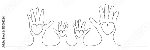 Continuous one line drawing family hands hold hearts. Mother, father and child. Parents and children love concept. Vector isolated on white.