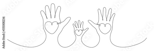 Continuous one line drawing family hands hold hearts. Mother, father and child. Parents and children love concept. Vector isolated on white.