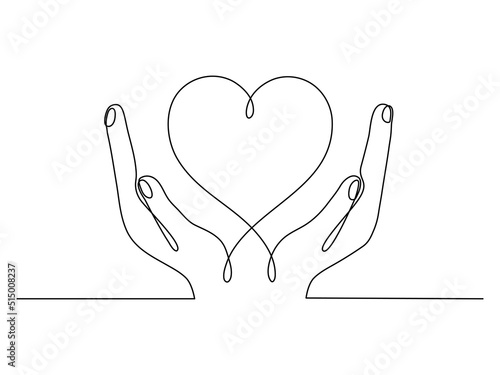 Hand holding heart continuous one line drawing. Vector isolated on white.