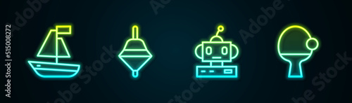 Set line Toy boat, Whirligig toy, Robot and Racket and ball. Glowing neon icon. Vector