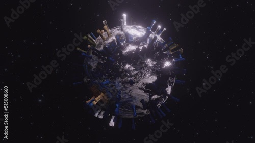 Rotating planet earth shaped into virus, coronavirus pandemic concept, seamless looping  3D animation in Prores 4K UHD