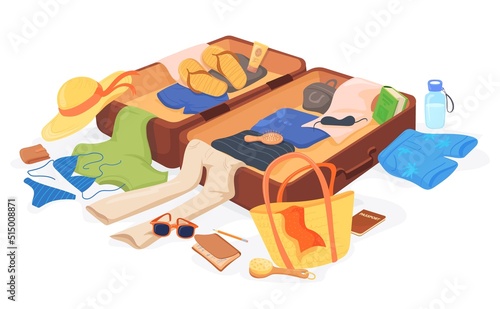 Scattered baggage. Preparing travel suitcase, vacation luggage organization trouble, mess beach clothes holiday stuff leaving summer trip open journey bag, neat vector illustration