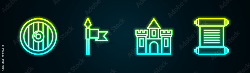 Set line Round wooden shield, Medieval spear, Castle, fortress and Decree, parchment, scroll. Glowing neon icon. Vector Set line Round wooden shield, Medieval spear, Castle, fortress and Decree, parchment, scroll. Glowing neon icon. Vector