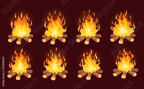 Bonfire animation. Loop animated fire, game campfire cartoon frame energy 2d burn forest woods flames storyboard sprite sequence bondfire combustion effect neat vector illustration