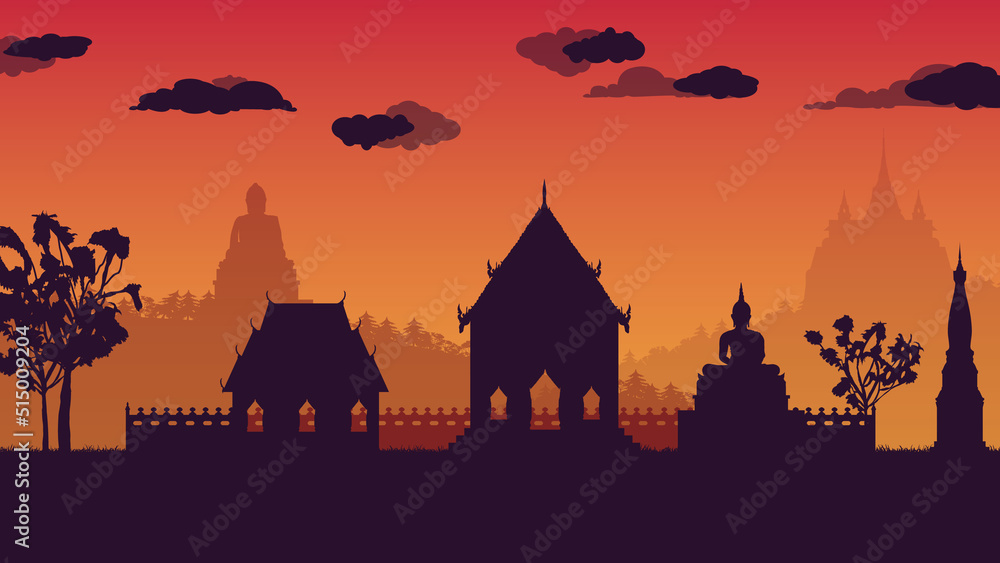 silhouette of traditional Thai temple on gradient background Stock