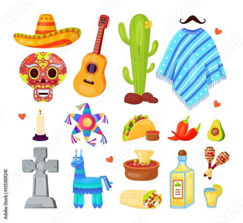 Mexican carnival elements. Mexico holiday fiesta party, cinco de mayo traditional festival, pinata margarita latin spanish flag, day of dead skull, set cartoon neoteric vector icon