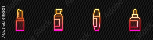 Set line Mascara brush, Lipstick, Spray can for hairspray and Cream lotion cosmetic tube. Glowing neon icon. Vector