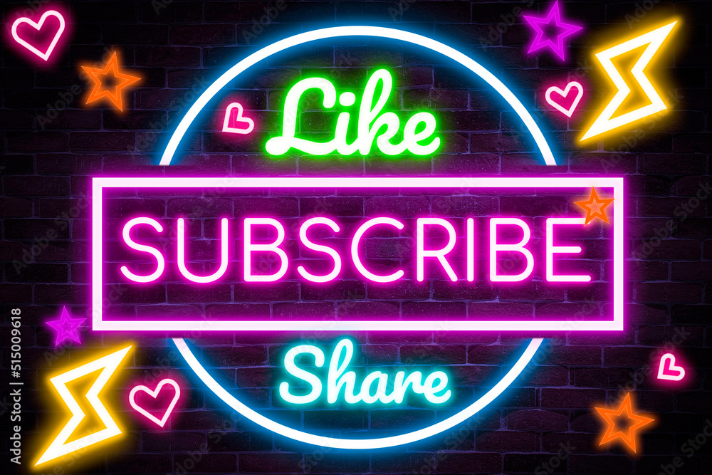 Like, Share, Subscribe Neon banner, light signboard, 3D illustration. Like, Share, Subscribe Neon banner, light signboard, 3D illustration.