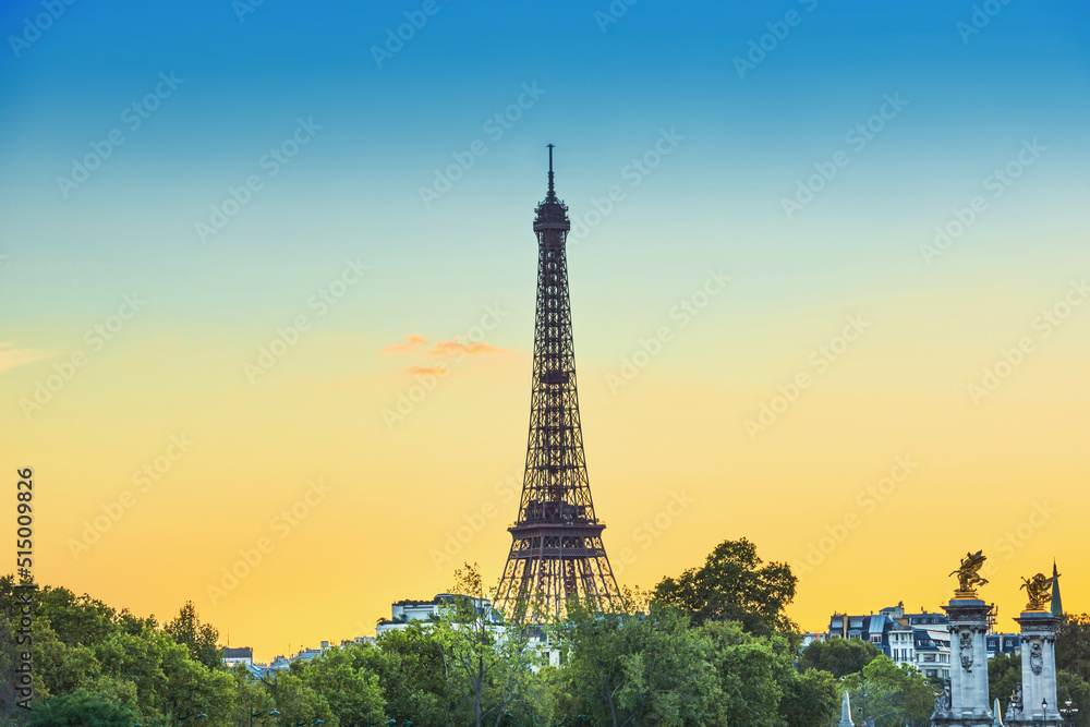 Eiffel tower, Paris panorama sunset landscape in Paris, France