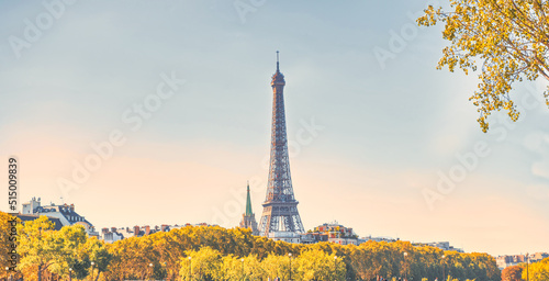 Eiffel tower, Paris panorama sunset landscape with bridge on Seine in Paris, France