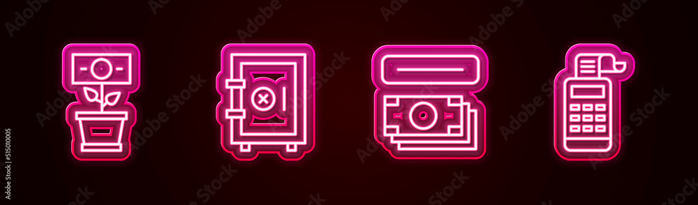 Set line Money plant in the pot, Safe, ATM and money and Cash register machine. Glowing neon icon. Vector Set line Money plant in the pot, Safe, ATM and money and Cash register machine. Glowing neon icon. Vector
