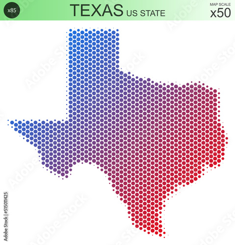 Dotted map of the state of Texas in the USA, from circles, on a scale of 50x50 elements. With smooth edges and a smooth gradient from one color to another on a white background.