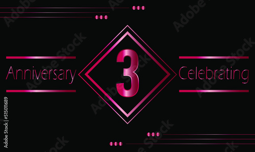 3 years anniversary celebration with ruby frame isolated on black background. Vector for greeting card, birthday party, wedding and event party.