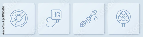 Set line Stop colorado beetle, Poison on the arrow, Drop of mercury and Biohazard symbol. White square button. Vector