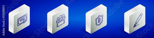 Set Isometric line Certificate template, Jurors, Justice law in shield and Fountain pen nib icon. Vector