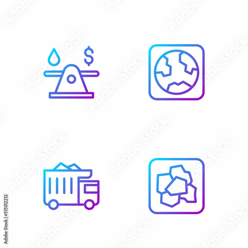 Set line Gold nugget, Mining dump truck, Oil money and Earth globe. Gradient color icons. Vector