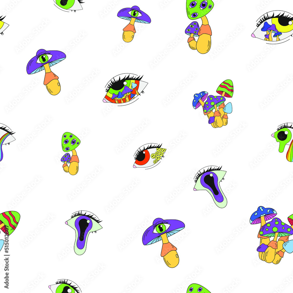 Obraz premium Seamless pattern with psychedelic mushrooms and eyes. Vector illustration