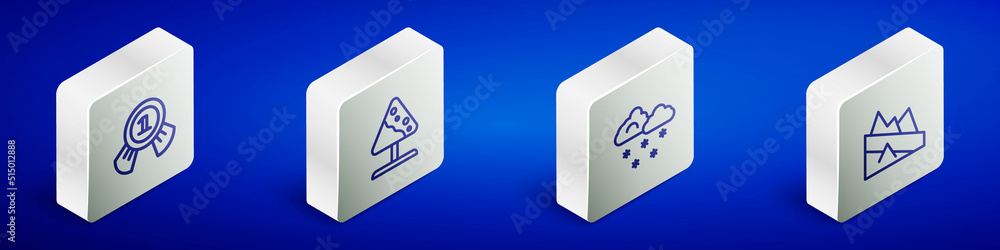 Set Isometric line Medal, Road sign avalanches, Cloud with snow and Mountain descent icon. Vector Set Isometric line Medal, Road sign avalanches, Cloud with snow and Mountain descent icon. Vector