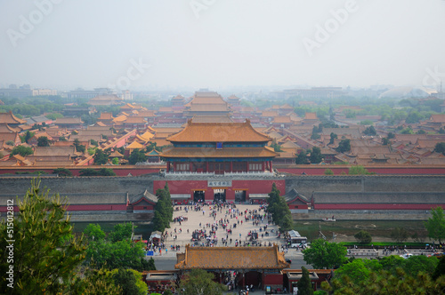 An aerial view of the many buildings within the forbidden city beijing china as seen from Jingshan Park.
