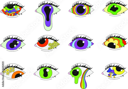 A set of 12 psychedelic eyes. vector illustration isolated on a white background.