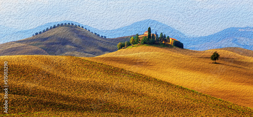 Canvas-taulu Beautiful rural landscape with hills, arable land and cypresses, autumn hills