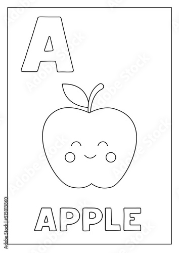 Learning English alphabet for kids. Letter A. Cute cartoon apple.