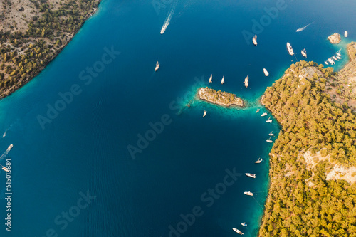 aerial view of Gocek bays in Turkey, there are parked some luxury yachts for holiday © murattellioglu