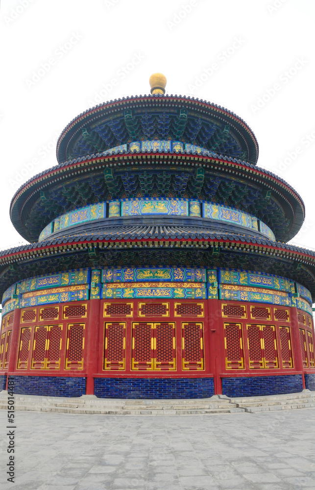 Hall for prayer of Good harvest within the Temple of Heaven Scenic area in Beijing China on a overcast sky day.