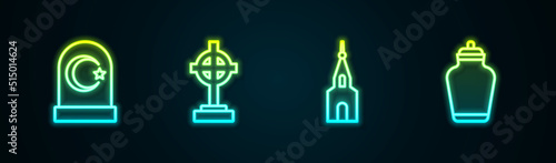 Set line Muslim cemetery, Grave with cross, Church building and Funeral urn. Glowing neon icon. Vector