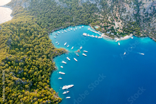 Fototapeta Naklejka Na Ścianę i Meble -  aerial view of Gocek bays in Turkey, there are parked some luxury yachts for holiday
