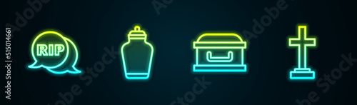 Set line Speech bubble rip death, Funeral urn, Coffin with cross and Grave. Glowing neon icon. Vector